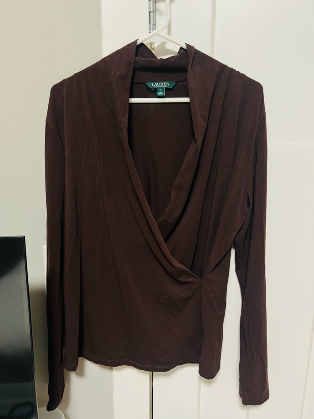 Lauren Ralph Lauren Brown Draped Faux Wrap V-Neck Top XL - Picture 1 of 3
